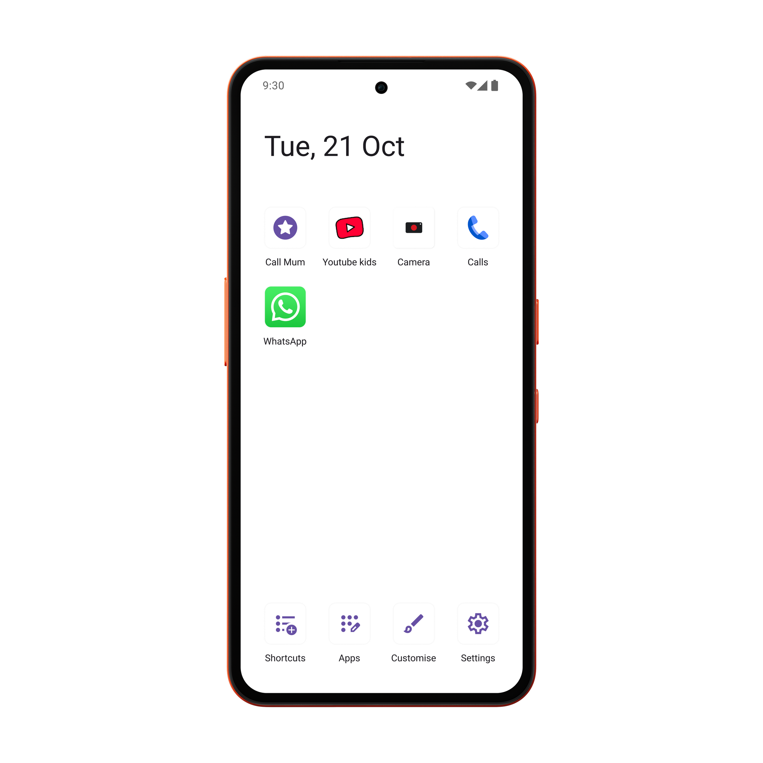 Orange Other Phone showing a simple icon-based menu designed to make navigation easy for children.