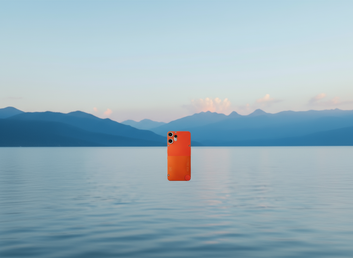 The Orange Other Phone displayed against a calm lake and mountain background, highlighting its simple, kid-friendly design