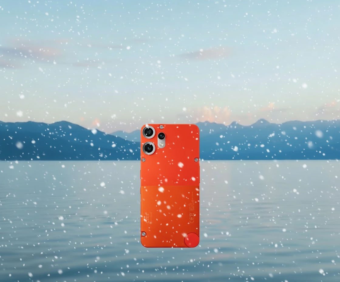 The Orange Other Phone displayed against a calm lake and mountain background, highlighting its simple, kid-friendly design.