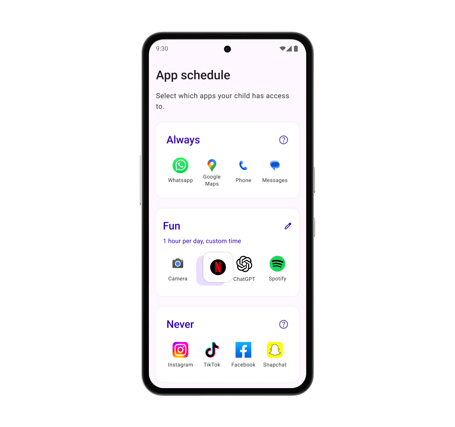 White Other Phone displaying SafetyMode’s app schedule screen, where parents can set limits and control app access.