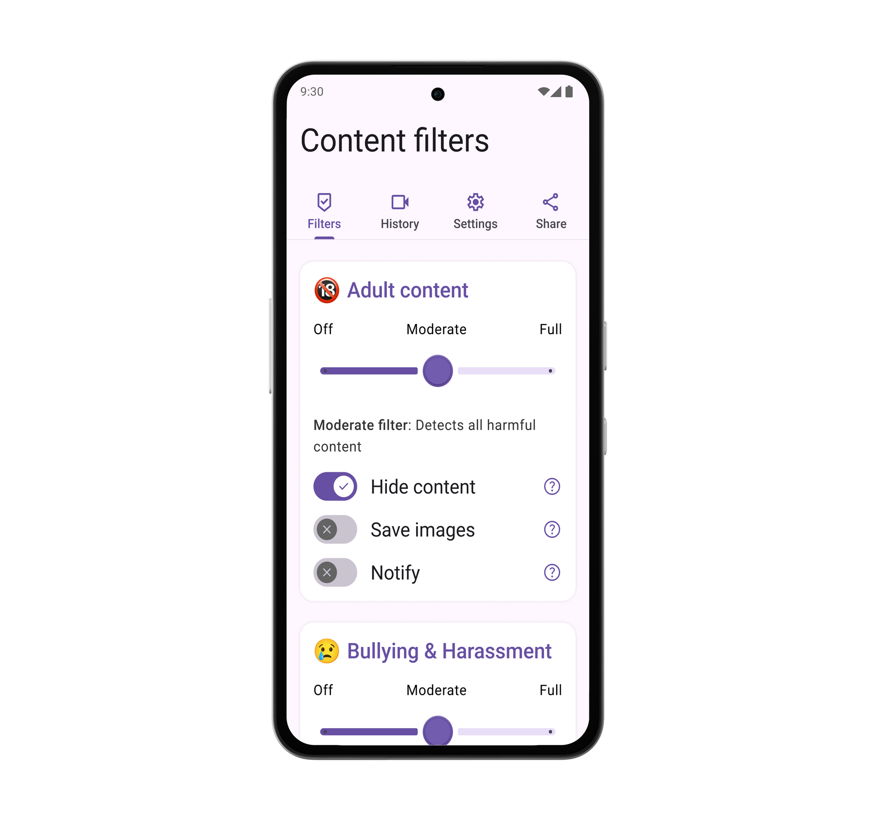 White Other Phone displaying SafetyMode’s content filters, which block harmful images, words, and messages.