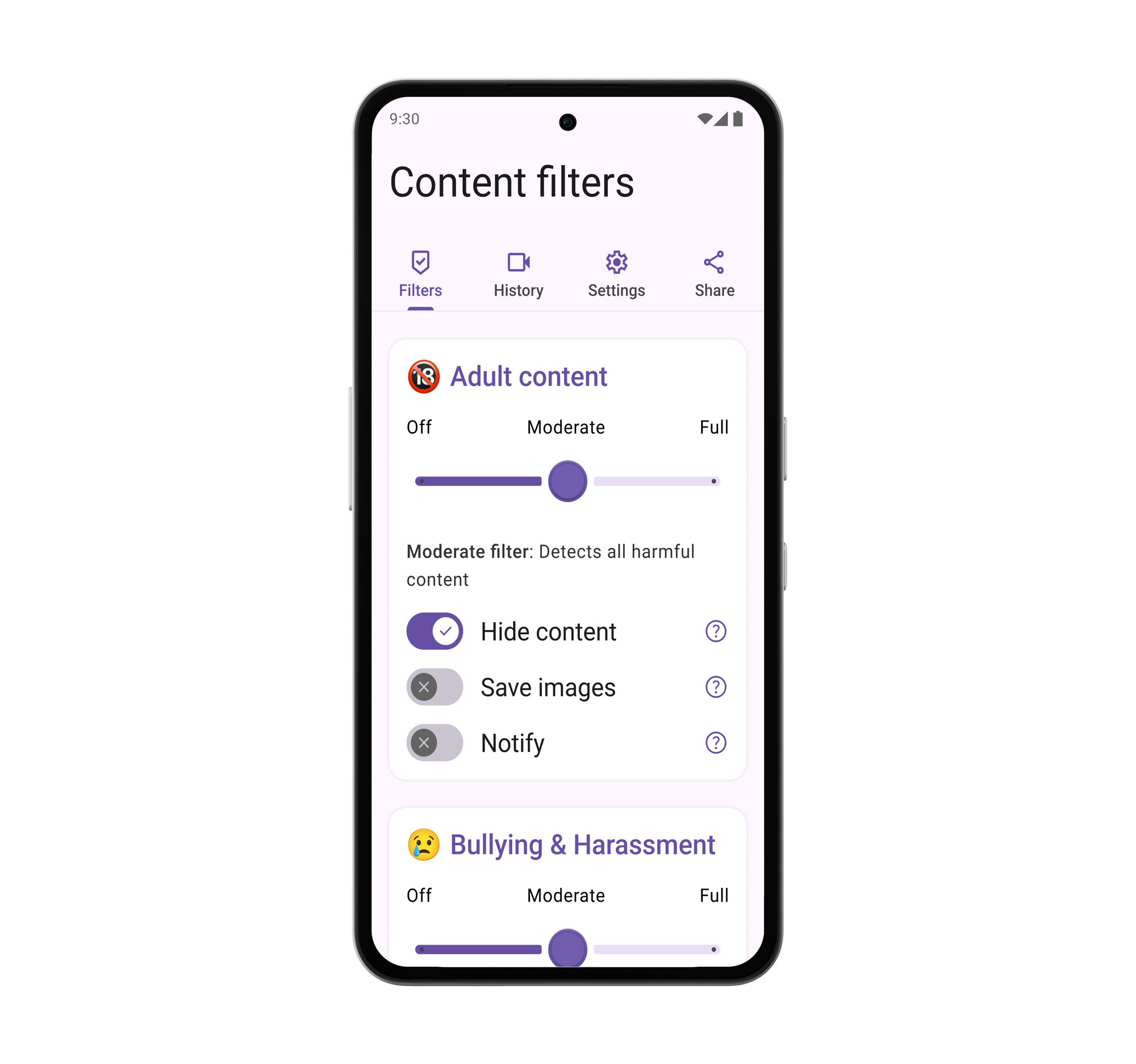 White Other Phone displaying SafetyMode’s content filters, which block harmful images, words, and messages.