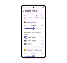 White Other Phone displaying SafetyMode’s content filters, which block harmful images, words, and messages.