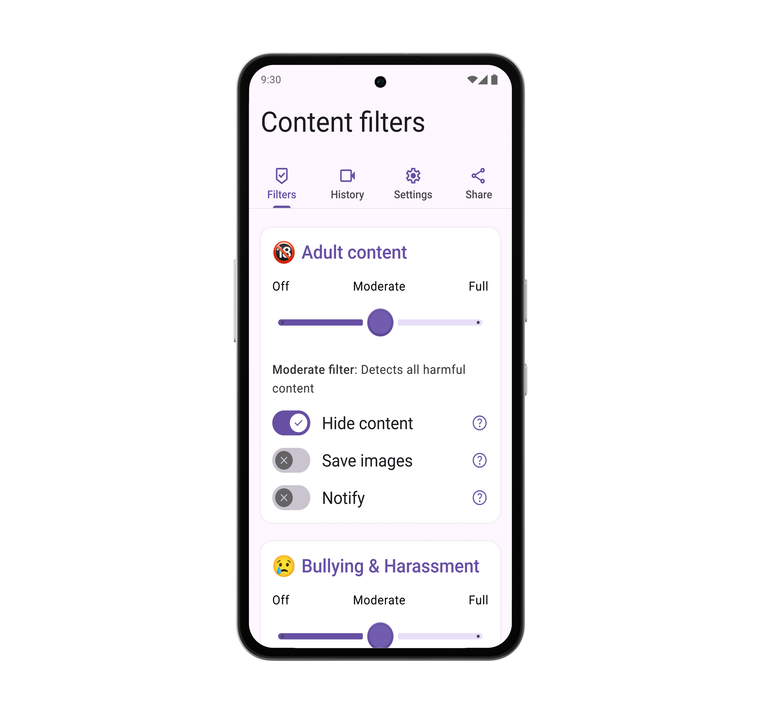 White Other Phone displaying SafetyMode’s content filters, which block harmful images, words, and messages.