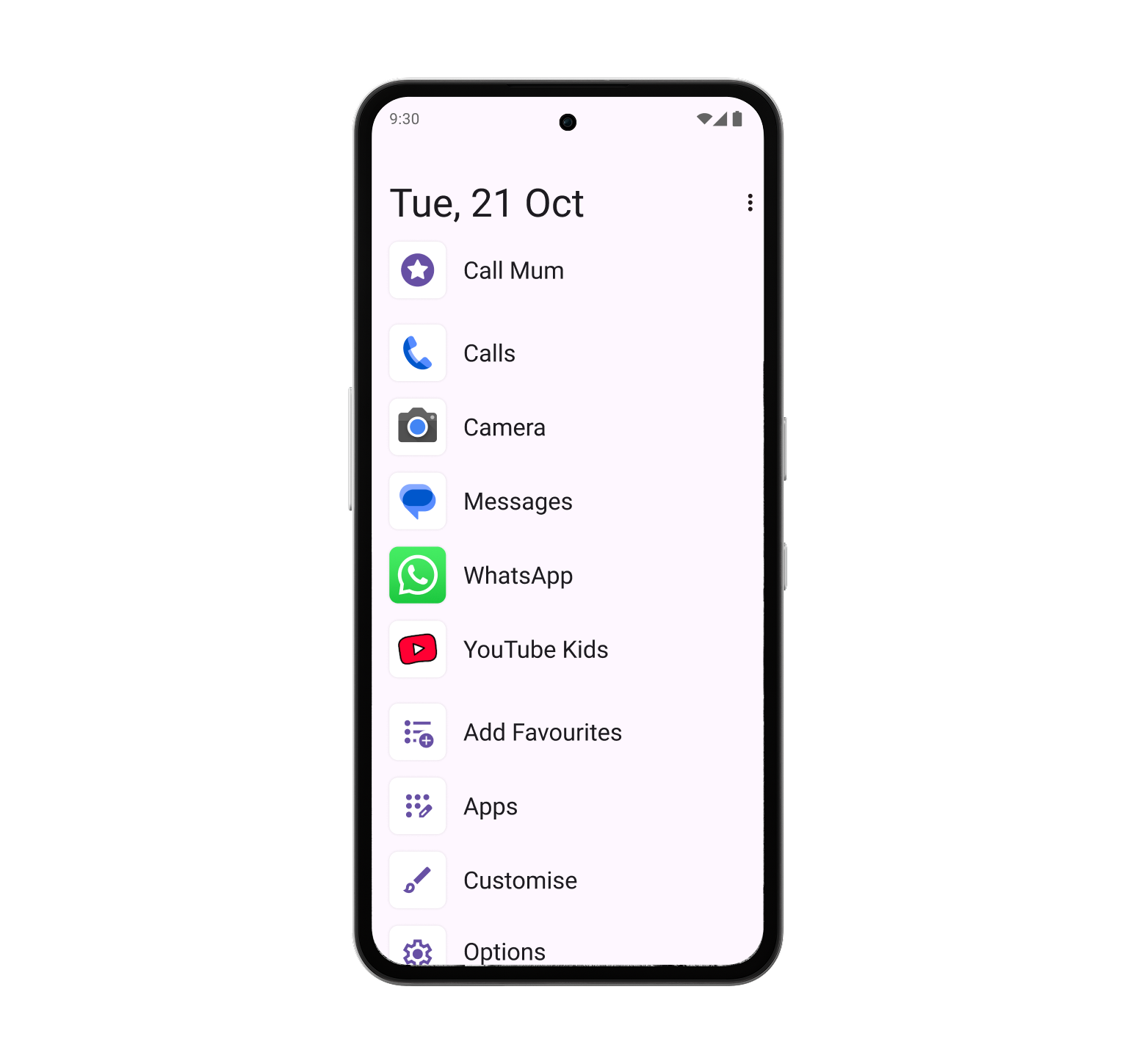 White Other Phone displaying the text-based SafetyMode menu for older or more confident users.